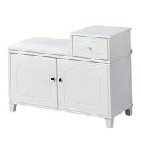 Shoe Storage Bench Cabinet With Fireproof PU Cushion, Double Doors, And Movable Drawer White