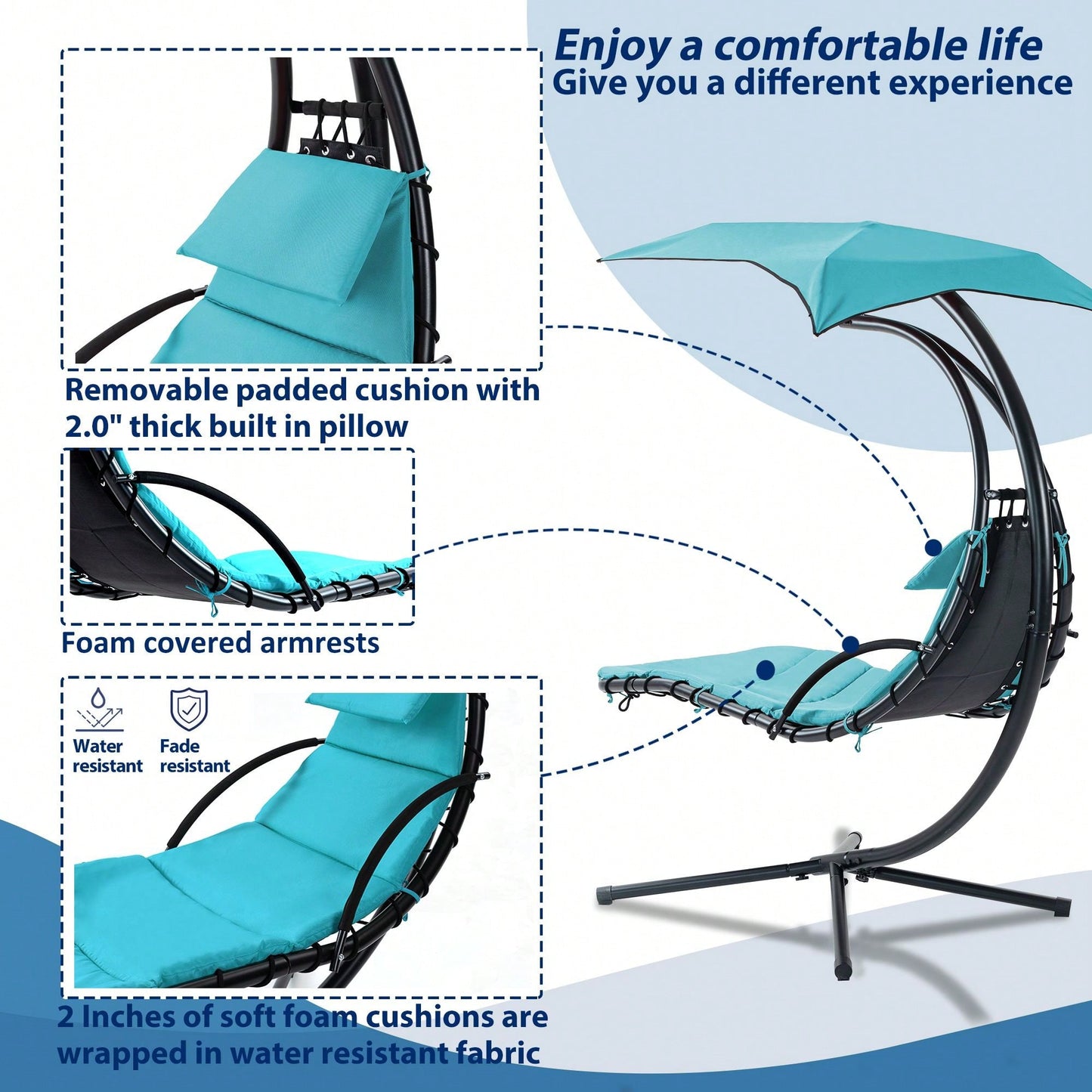 Curved Hanging Chaise Lounger with Canopy and Pillow for Patio Poolside Swing Chair