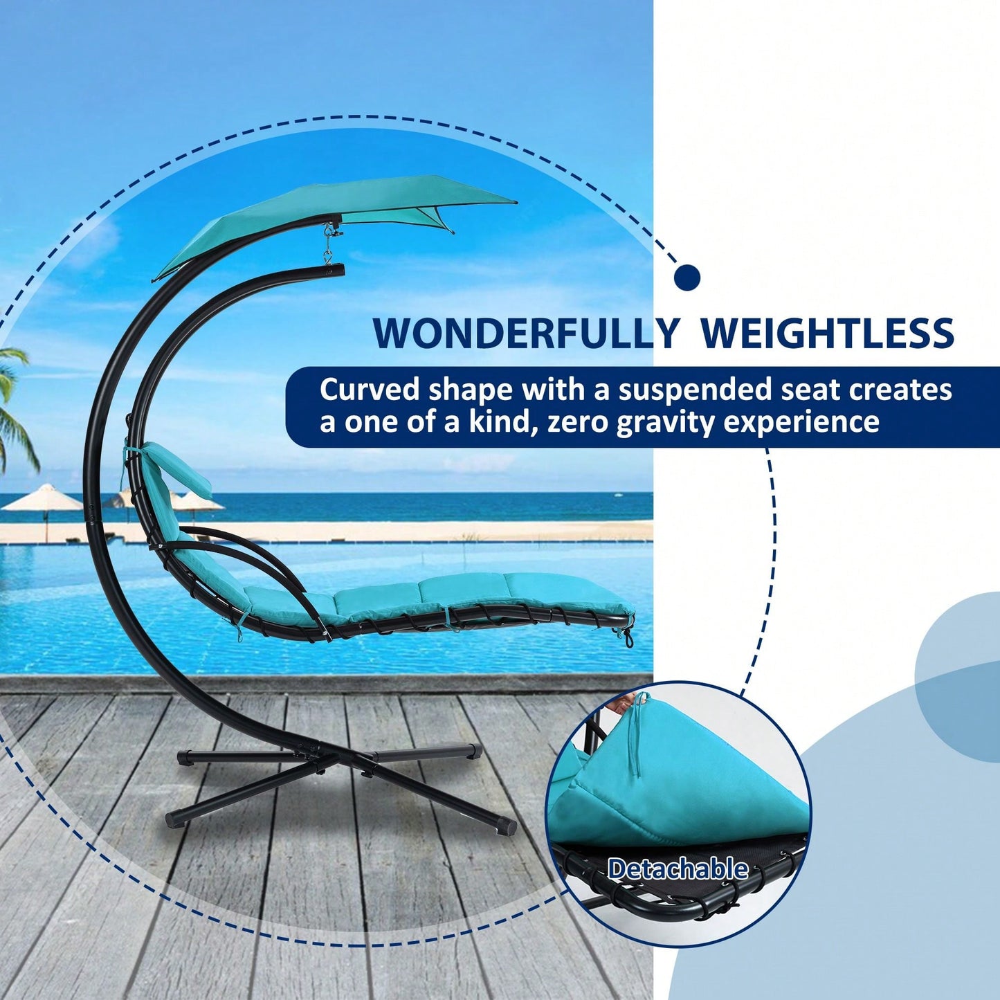 Curved Hanging Chaise Lounger with Canopy and Pillow for Patio Poolside Swing Chair