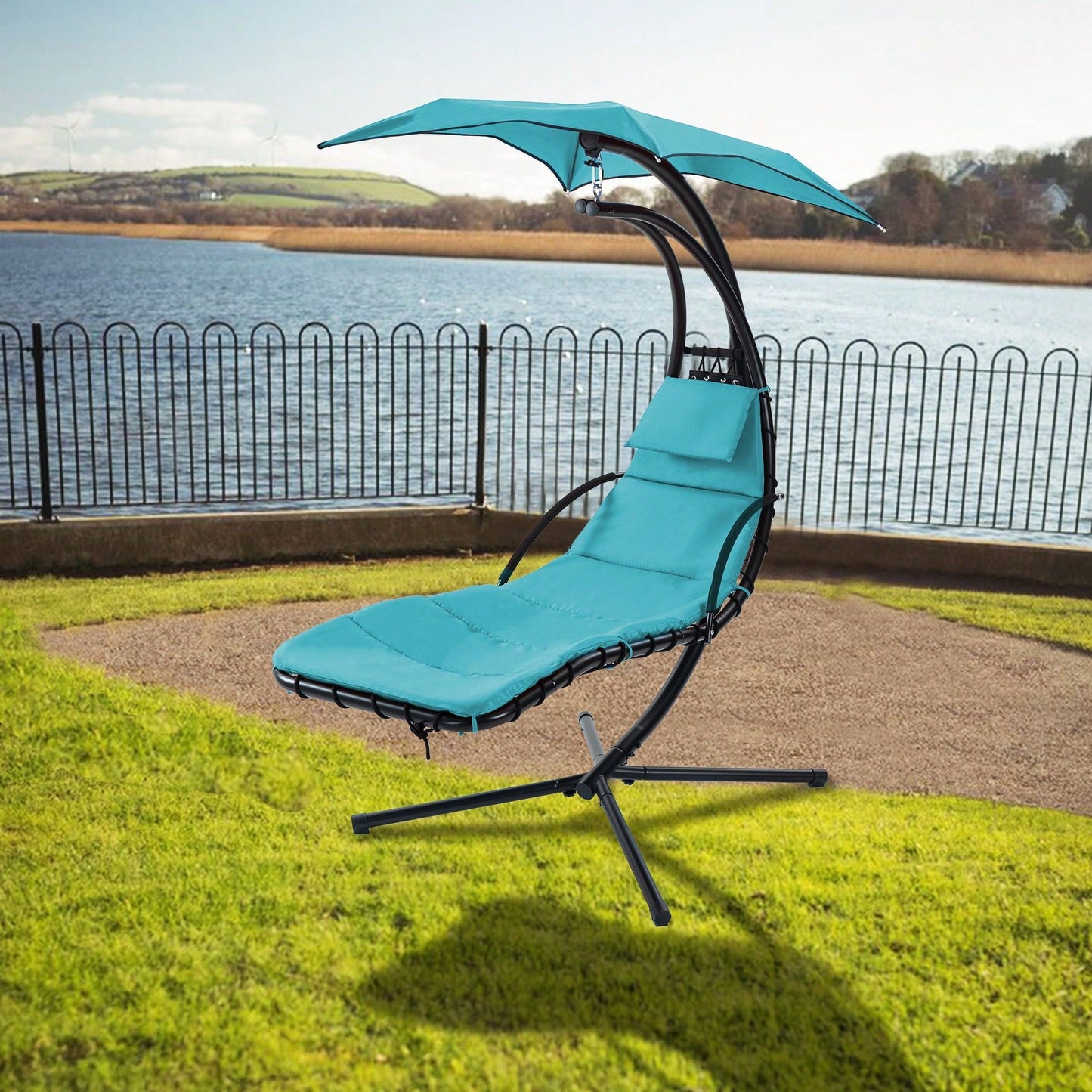 Curved Hanging Chaise Lounger with Canopy and Pillow for Patio Poolside Swing Chair