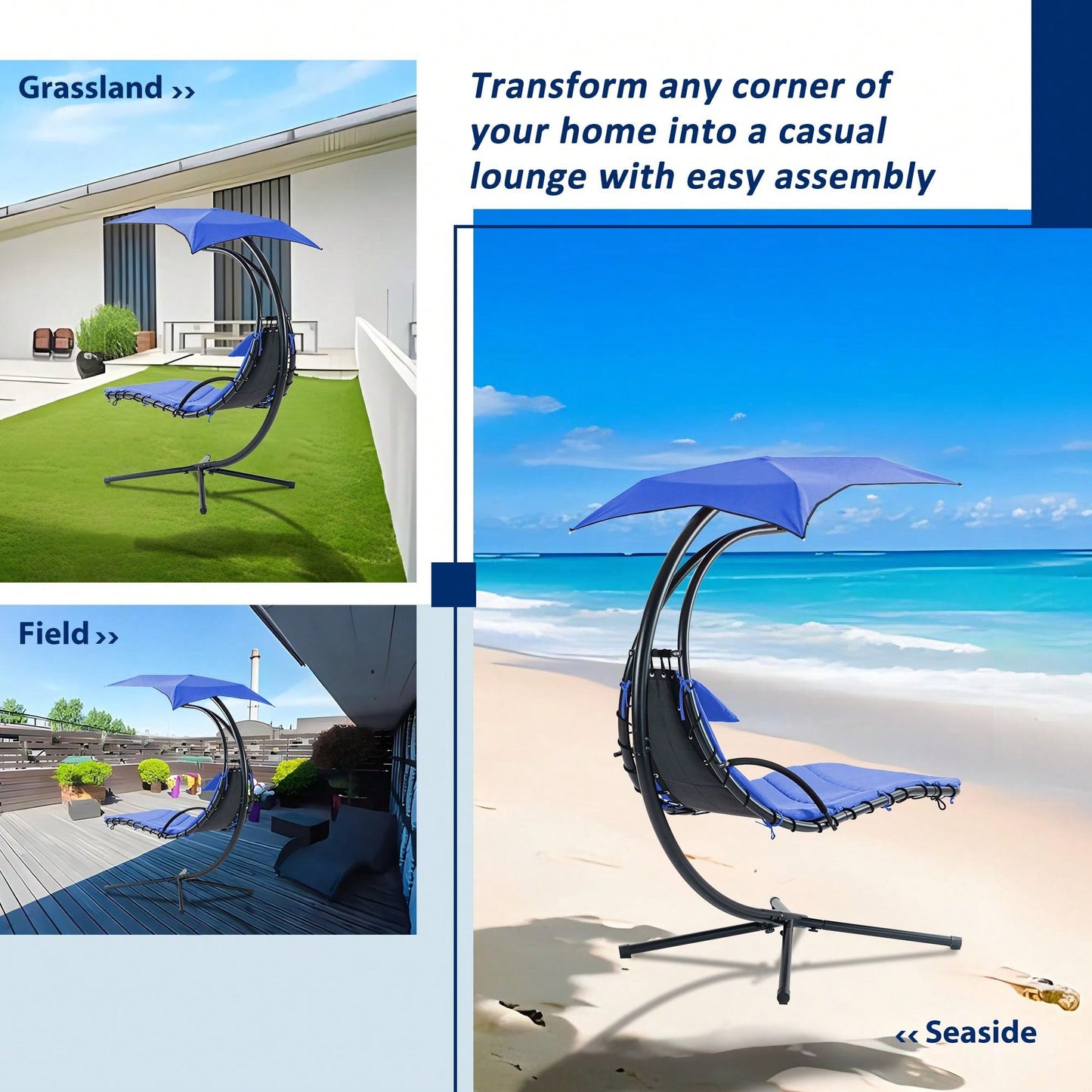 Curved Hanging Chaise Lounger with Canopy and Pillow for Patio Poolside Swing Chair