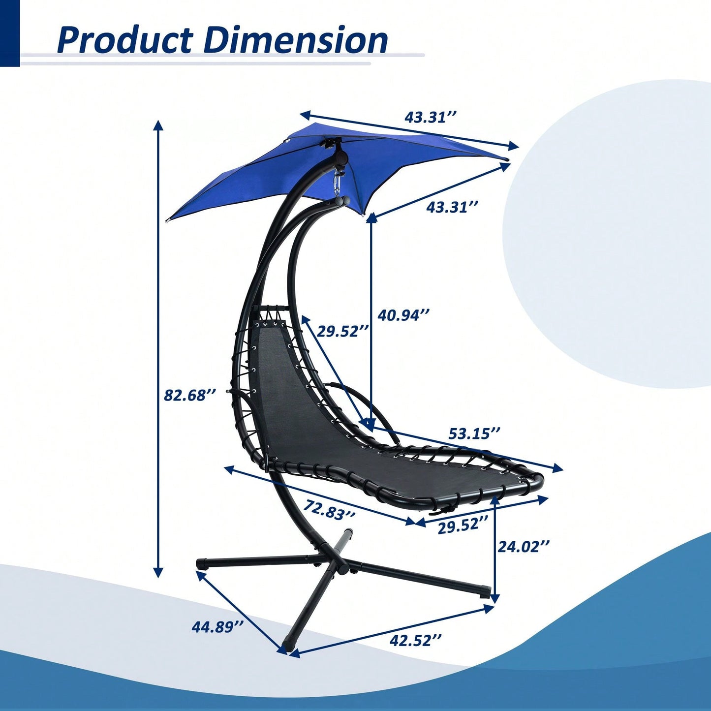 Curved Hanging Chaise Lounger with Canopy and Pillow for Patio Poolside Swing Chair