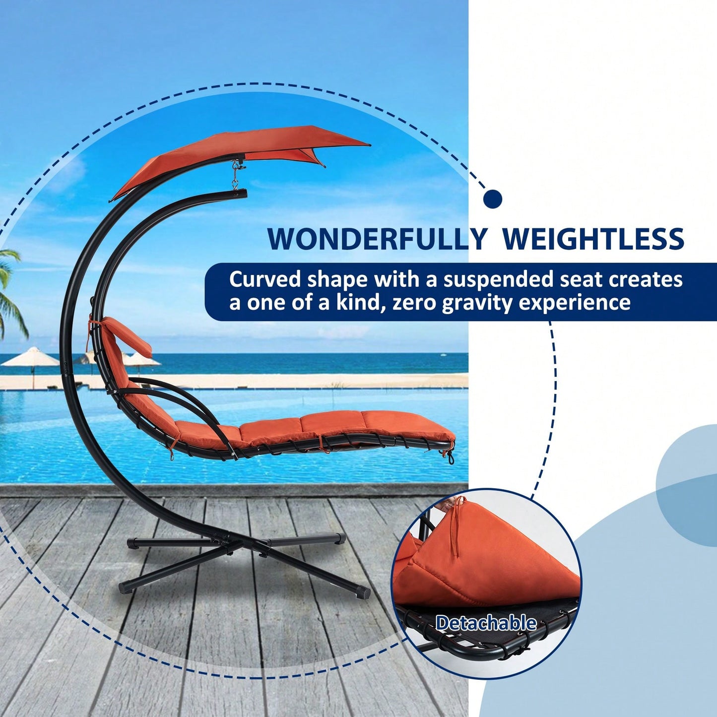 Curved Hanging Chaise Lounger with Canopy and Pillow for Patio Poolside Swing Chair