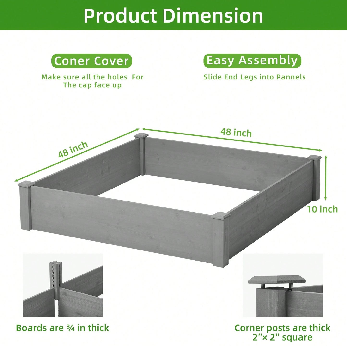 Quick Assembly Raised Garden Bed 48x48x10'', Outdoor Wood Planter Box Over Floor