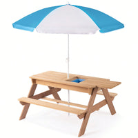 Kids Outdoor Wooden Picnic Table With Umbrella, Convertible Sand & Wate