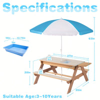 Kids Outdoor Wooden Picnic Table With Umbrella, Convertible Sand & Wate