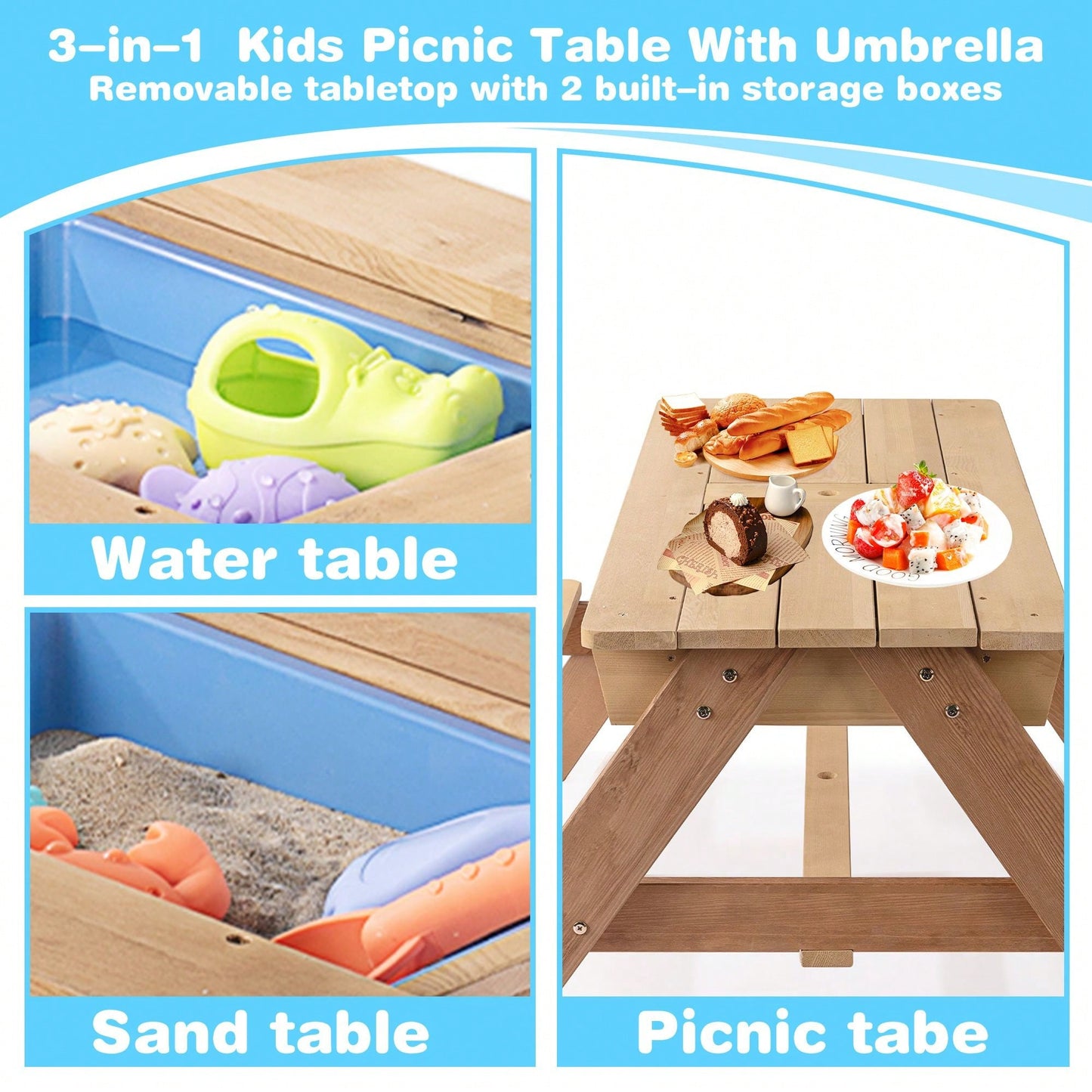 Kids Outdoor Wooden Picnic Table With Umbrella, Convertible Sand & Wate