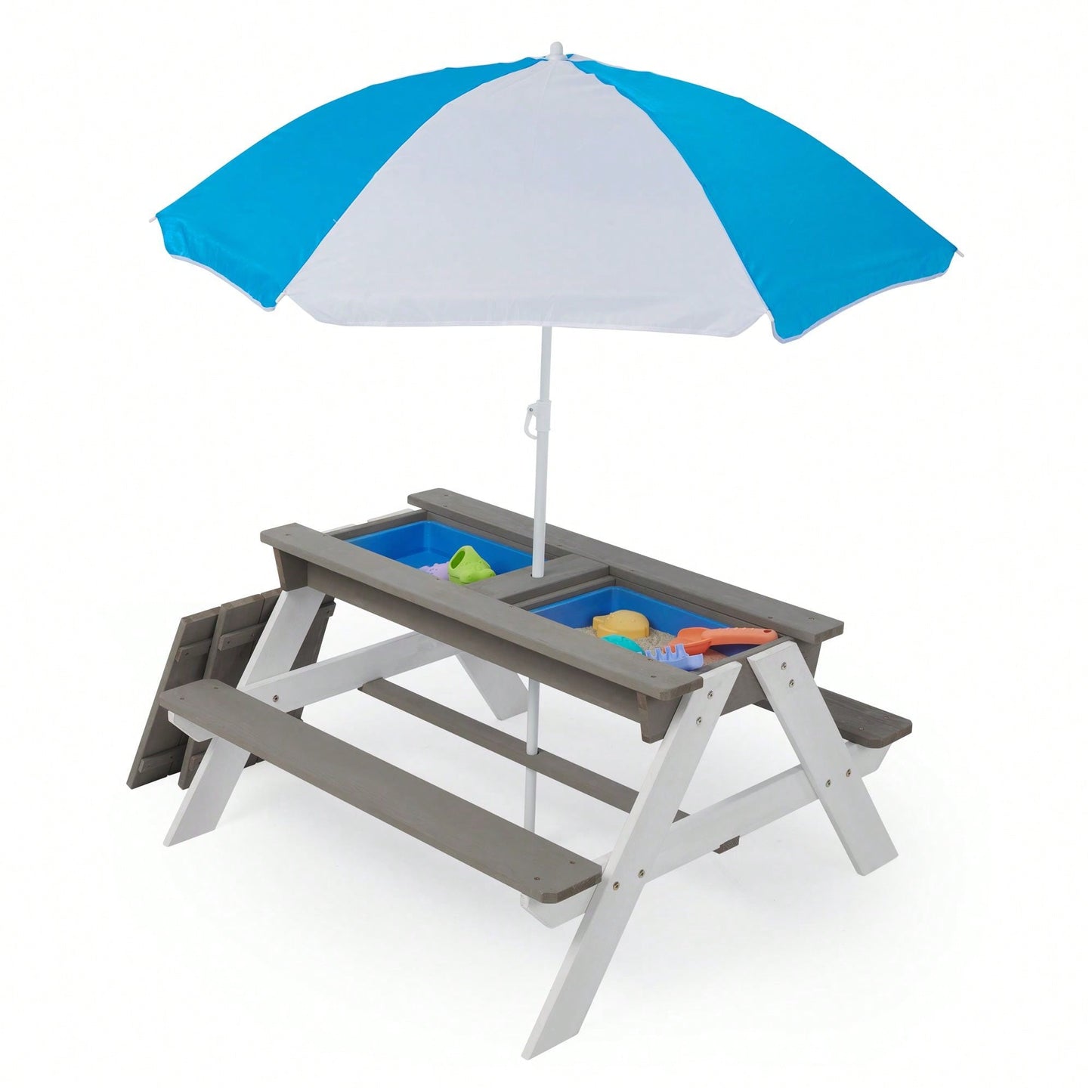 Kids Outdoor Wooden Picnic Table With Umbrella, Convertible Sand & Wate, Grey