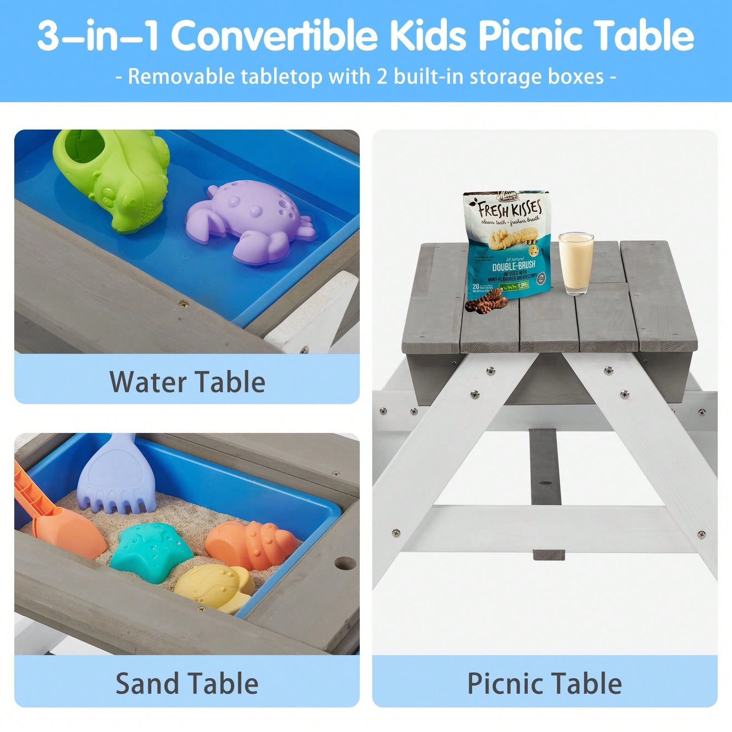 Kids Outdoor Wooden Picnic Table With Umbrella, Convertible Sand & Wate, Grey