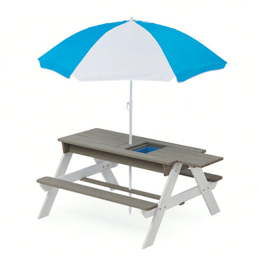 Kids Outdoor Wooden Picnic Table With Umbrella, Convertible Sand & Wate, Grey