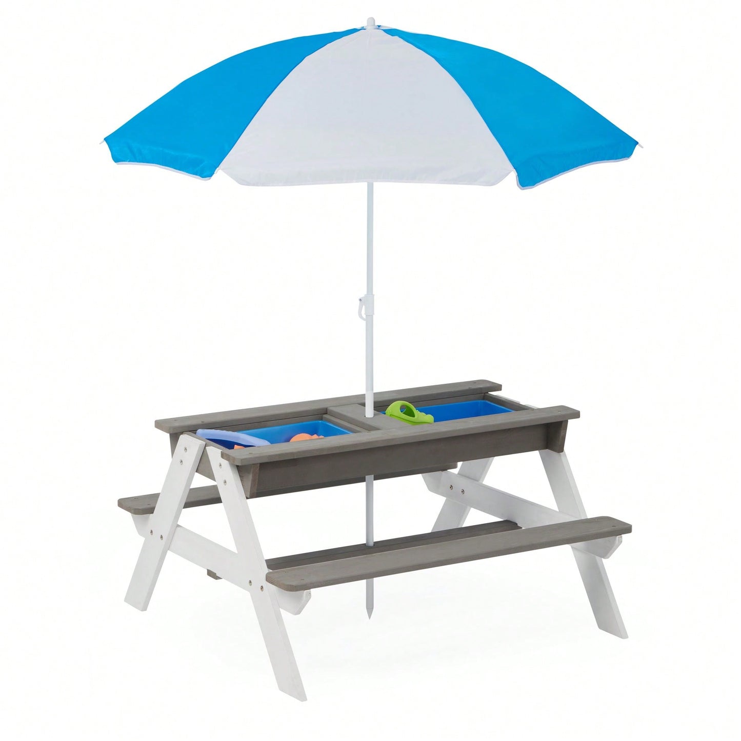 Kids Outdoor Wooden Picnic Table With Umbrella, Convertible Sand & Wate, Grey