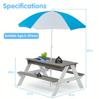 Kids Outdoor Wooden Picnic Table With Umbrella, Convertible Sand & Wate, Grey