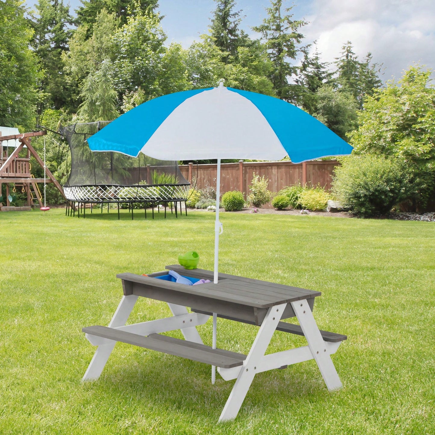 Kids Outdoor Wooden Picnic Table With Umbrella, Convertible Sand & Wate, Grey