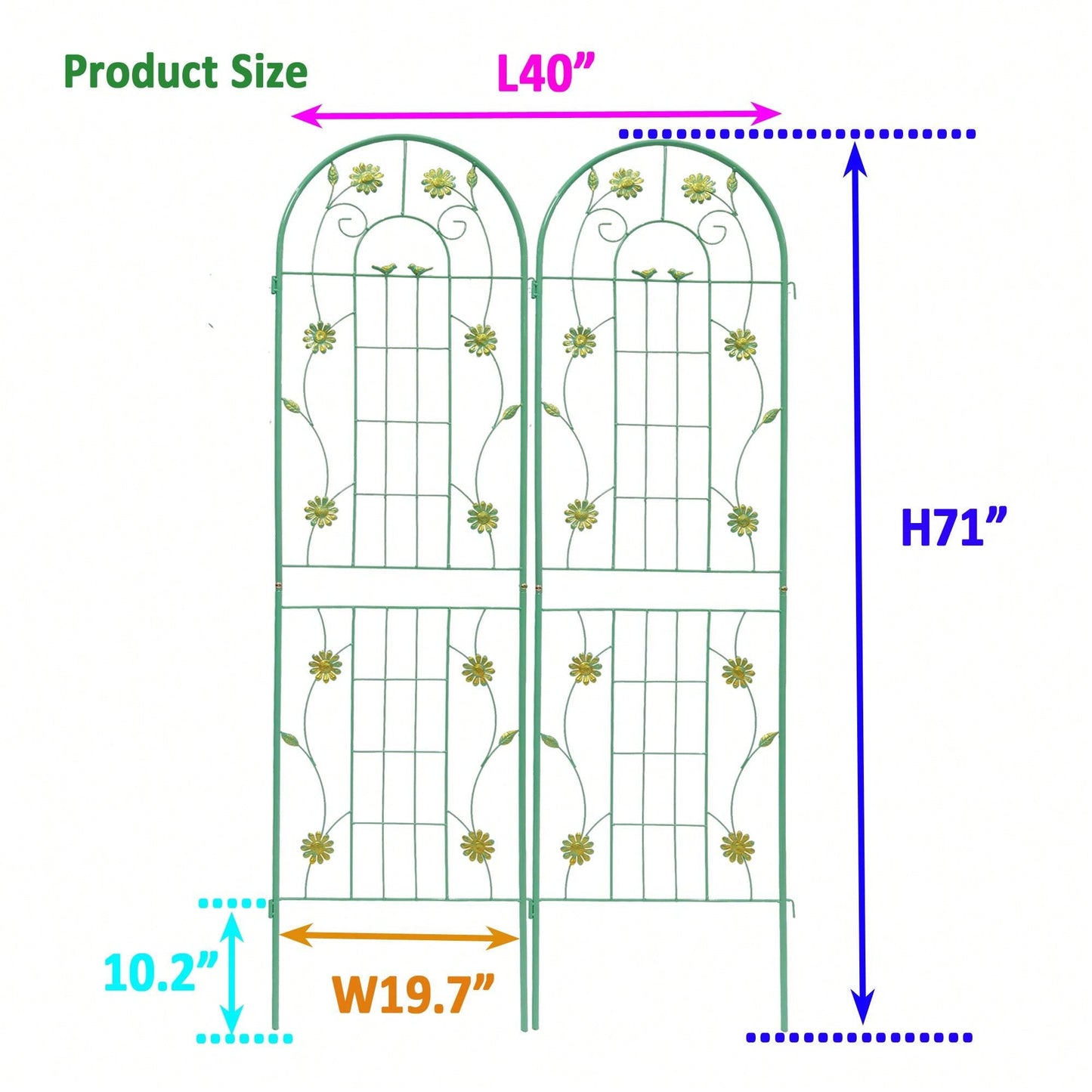 Set Of 2, Metal Garden Trellis 71" X 19.7" Rustproof Trellis For Climbing Plants Outdoor Flower Support Green