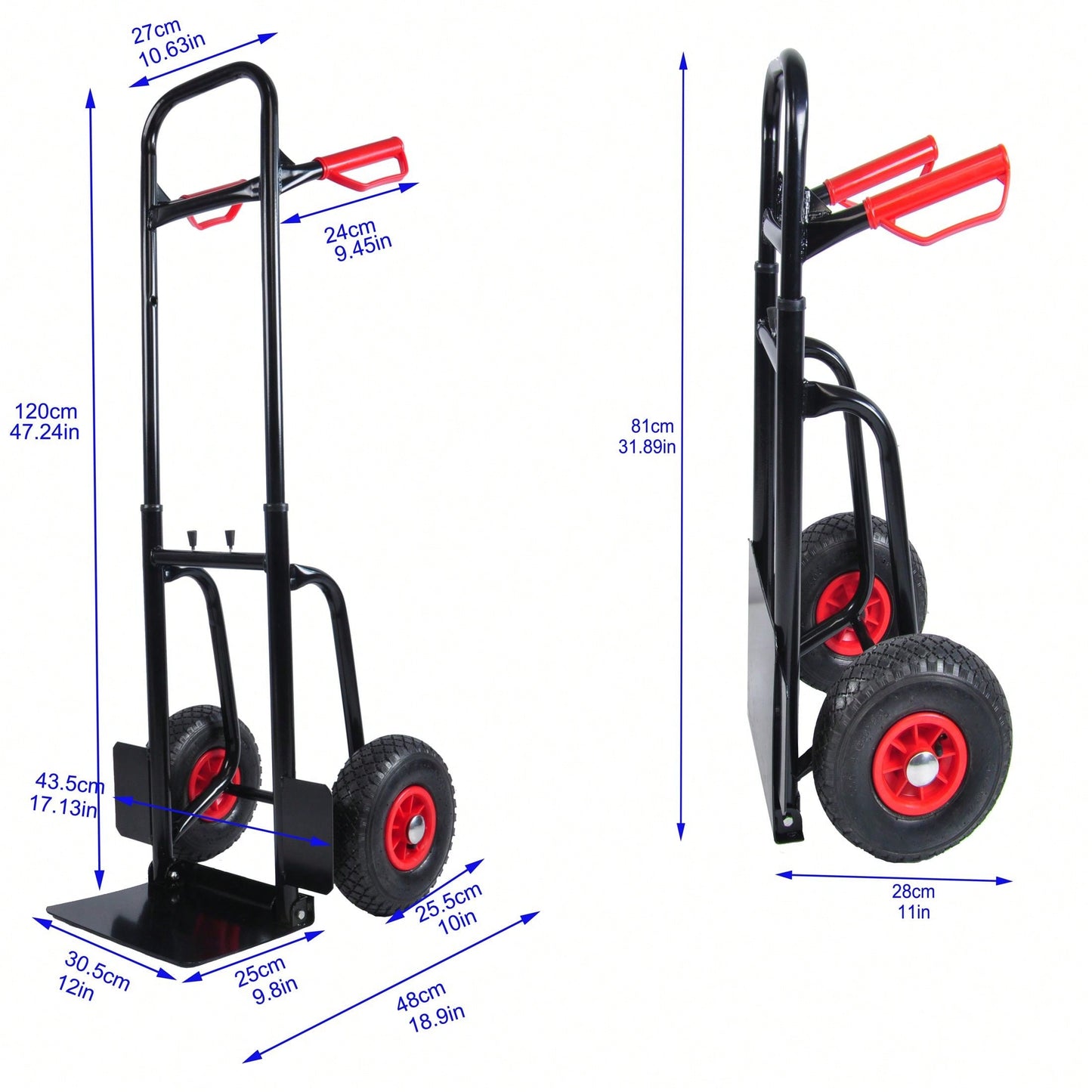 Heavy Duty Steel Trolley with Double Handles 330 Lb Capacity 10 Inch Rubber Wheels for Warehouse Garden Grocery Moving