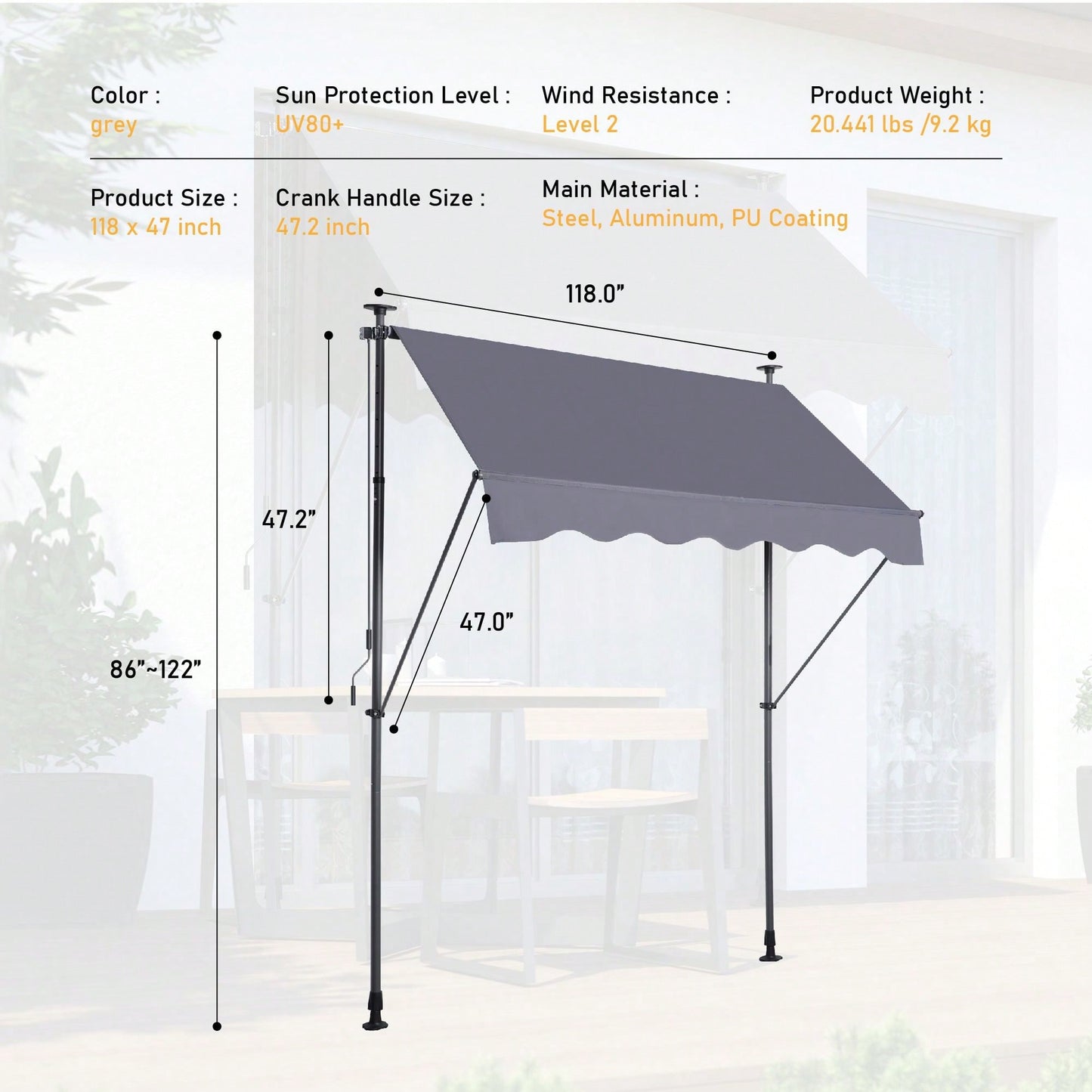 118 Inch Adjustable Outdoor UV Protection Canopy Sun Shade Cover for Patio Door and Window