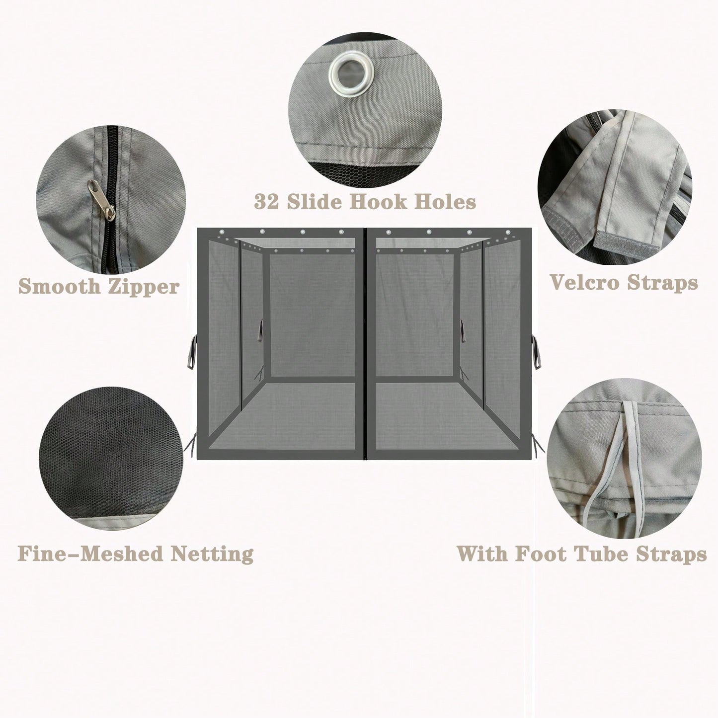 10x10 Ft Gazebo Replacement Mosquito Netting With Zippers, 4-Side Mesh Walls For Patio Gazebos