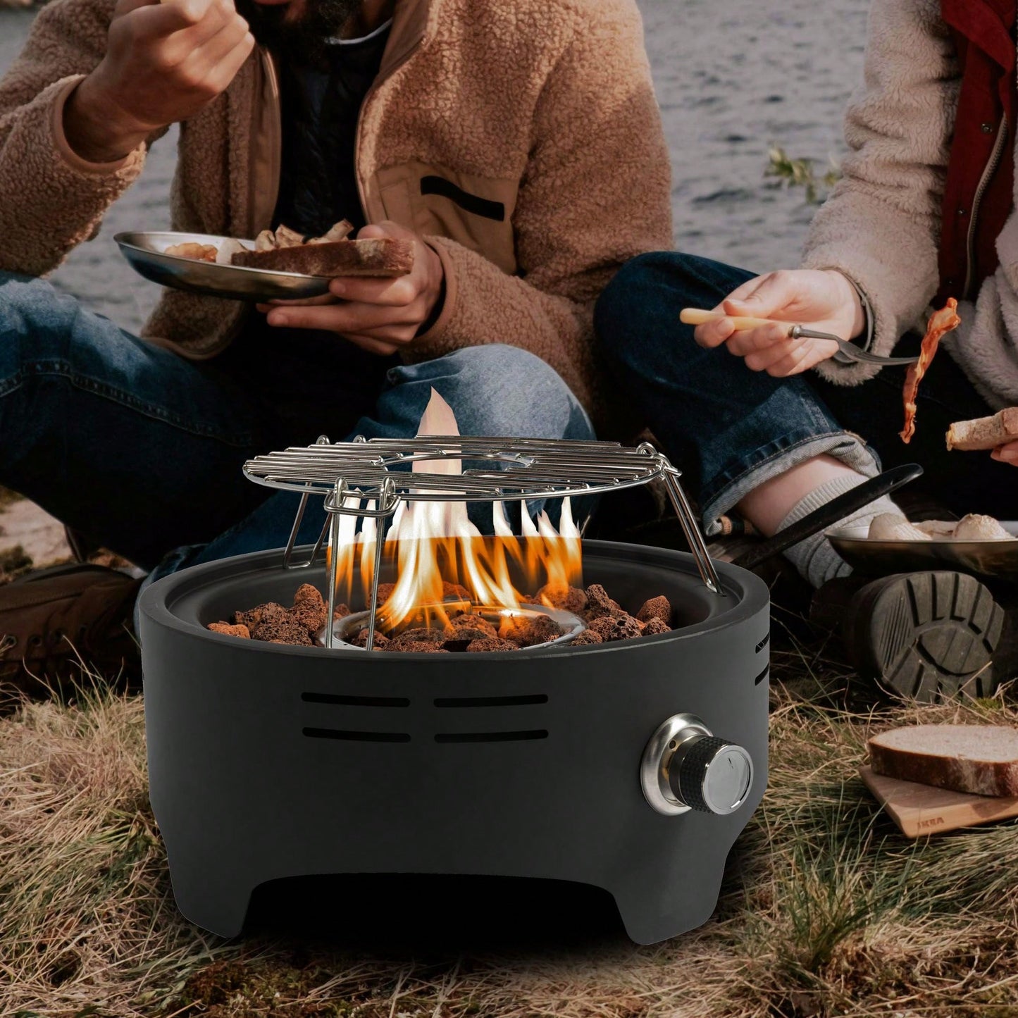 Outdoor Portable Propane Fire Pit, Camping Fire Pit With Cooking Support Tabletop Fire Pit With Quick Connect Regulator