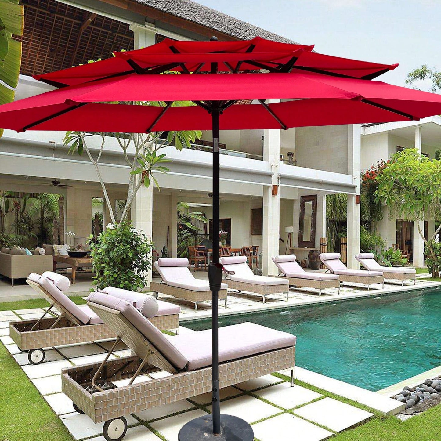 9Ft 3-Tiers Outdoor Patio Umbrella With Crank And Tilt And Wind Vents For Garden Deck Backyard Pool Shade Outside Deck Swimming Pool