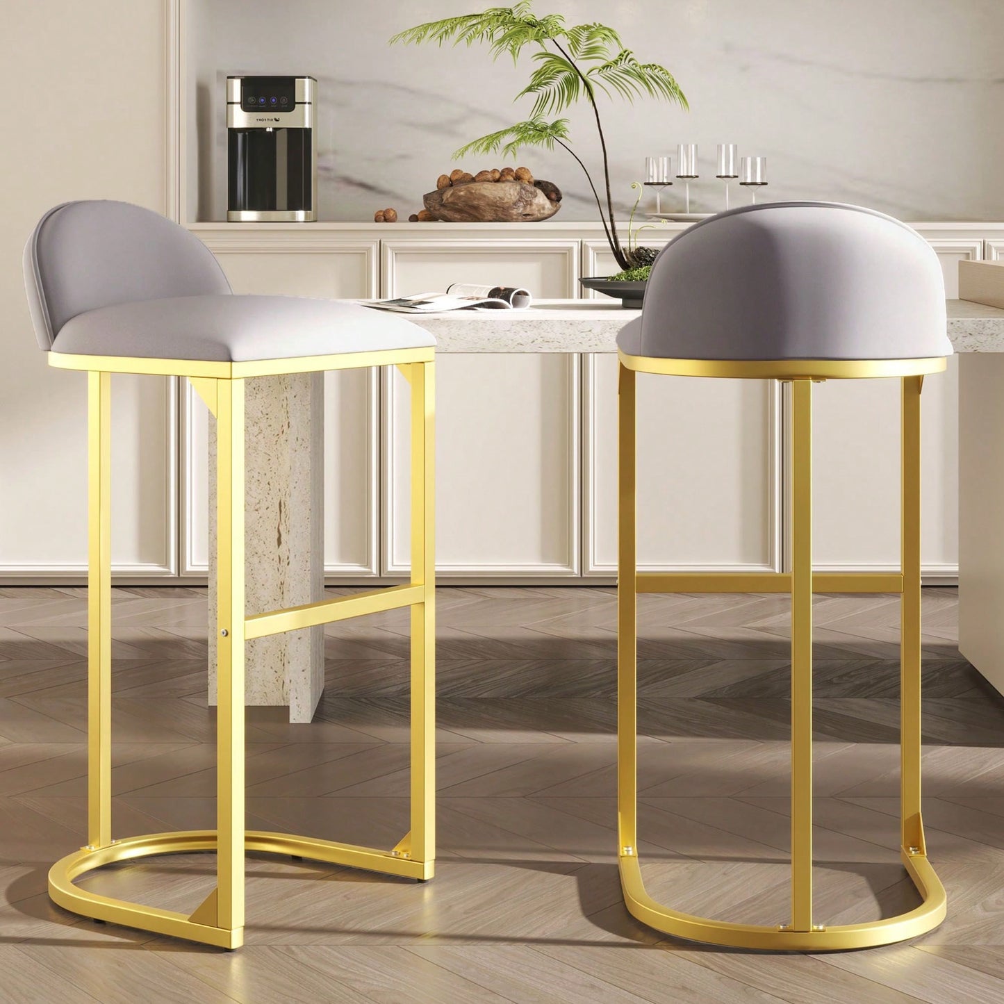 Elegant Set of 2 Velvet Upholstered 30 Inch Counter Height Bar Stools with Gold Metal Frame and Footrest for Kitchen Island