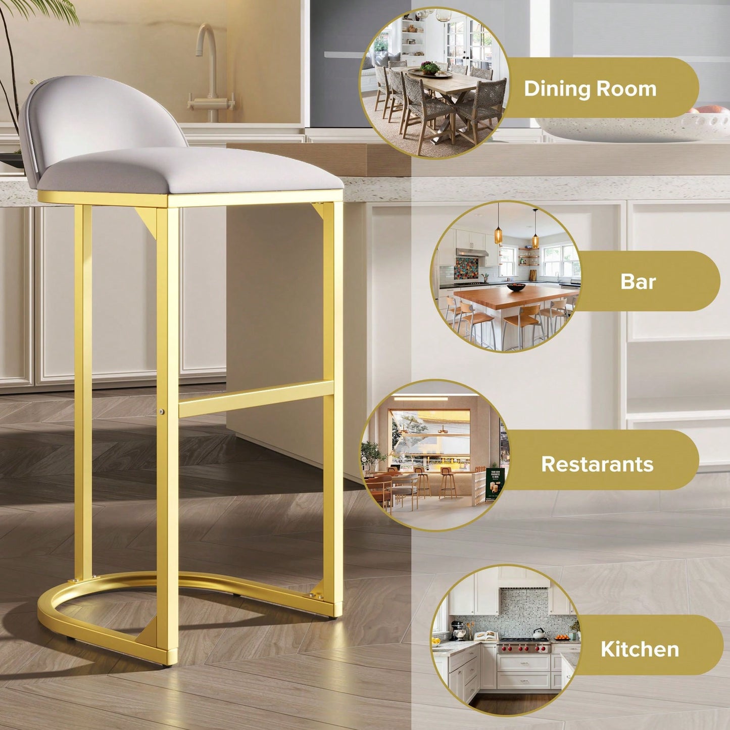 Elegant Set of 2 Velvet Upholstered 30 Inch Counter Height Bar Stools with Gold Metal Frame and Footrest for Kitchen Island