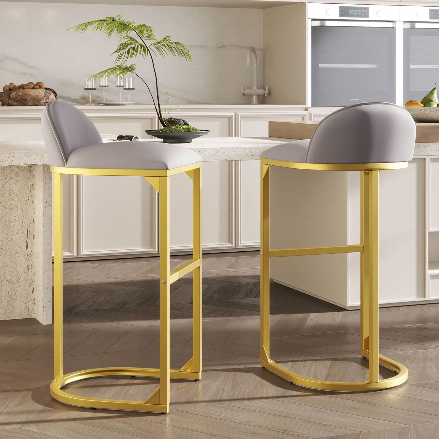 Elegant Set of 2 Velvet Upholstered 30 Inch Counter Height Bar Stools with Gold Metal Frame and Footrest for Kitchen Island