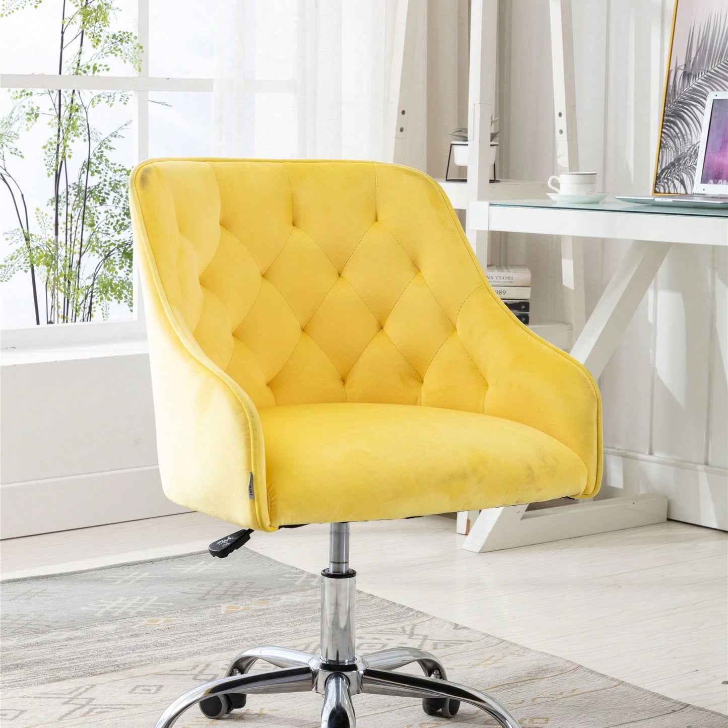 Modern Yellow Velvet Home Office Desk Chair Swivel Adjustable Cute Task Chair with Wheels for Computer Use