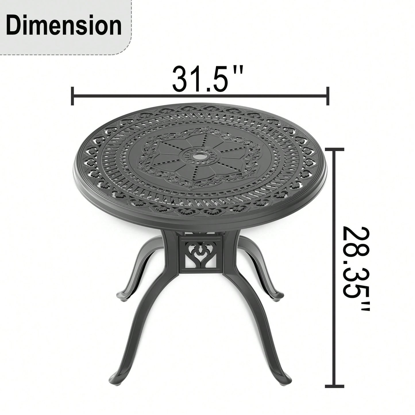 31.50" Cast  Aluminum Patio Dining Table With Black Frame And Umbrella Hole