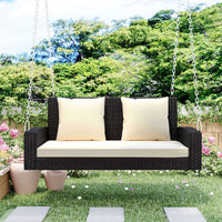 [Seats Up To 2 Persons] 2-Person Wicker Hanging Porch Swing With Chains, Cushion, Pillow, Rattan Swing Bench For Garden, Backyard, Pond