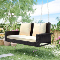 [Seats Up To 2 Persons] 2-Person Wicker Hanging Porch Swing With Chains, Cushion, Pillow, Rattan Swing Bench For Garden, Backyard, Pond