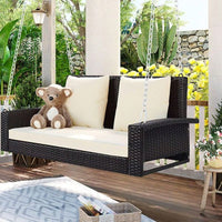 [Seats Up To 2 Persons] 2-Person Wicker Hanging Porch Swing With Chains, Cushion, Pillow, Rattan Swing Bench For Garden, Backyard, Pond