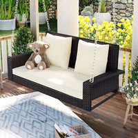 [Seats Up To 2 Persons] 2-Person Wicker Hanging Porch Swing With Chains, Cushion, Pillow, Rattan Swing Bench For Garden, Backyard, Pond