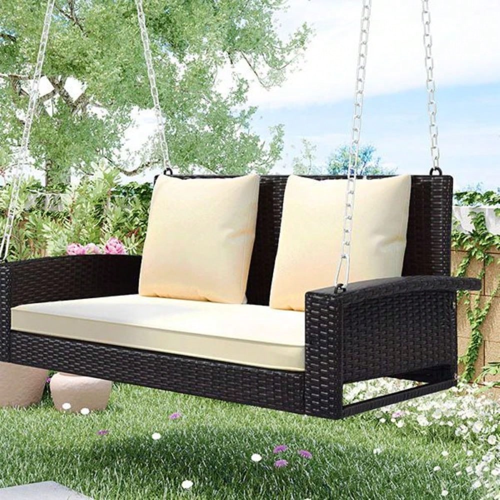 [Seats Up To 2 Persons] 2-Person Wicker Hanging Porch Swing With Chains, Cushion, Pillow, Rattan Swing Bench For Garden, Backyard, Pond