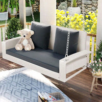 [Seats Up To 2 Persons] 2-Person Wicker Hanging Porch Swing With Chains, Cushion, Pillow, Rattan Swing Bench For Garden, Backyard, Pond