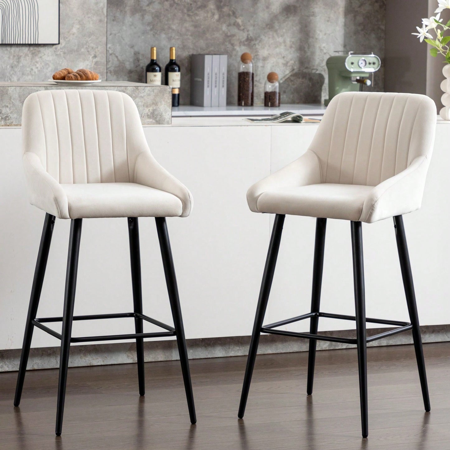 Set Of 2, Luxurious Upholstered Bar Stool High Back Design, Velvet Material, Sturdy Metal Legs, And Versatile Use