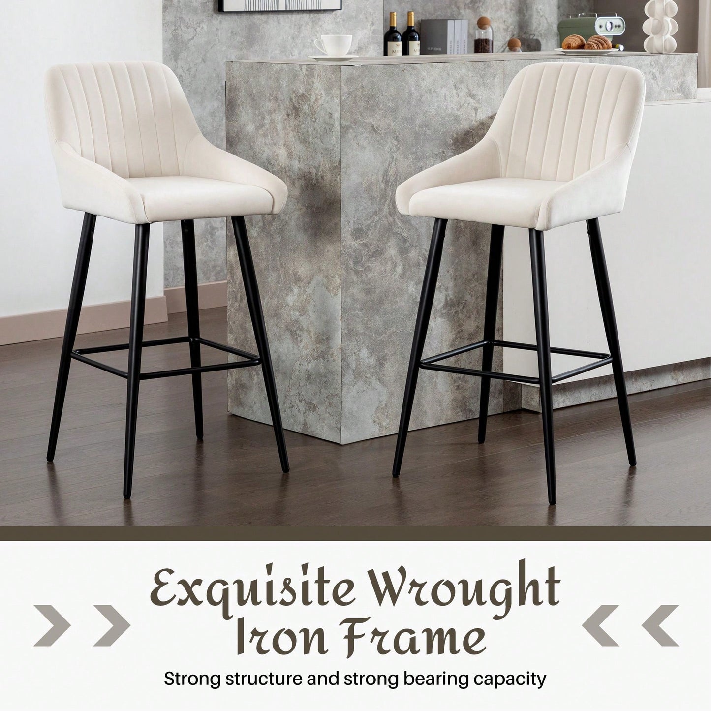 Set Of 2, Luxurious Upholstered Bar Stool High Back Design, Velvet Material, Sturdy Metal Legs, And Versatile Use