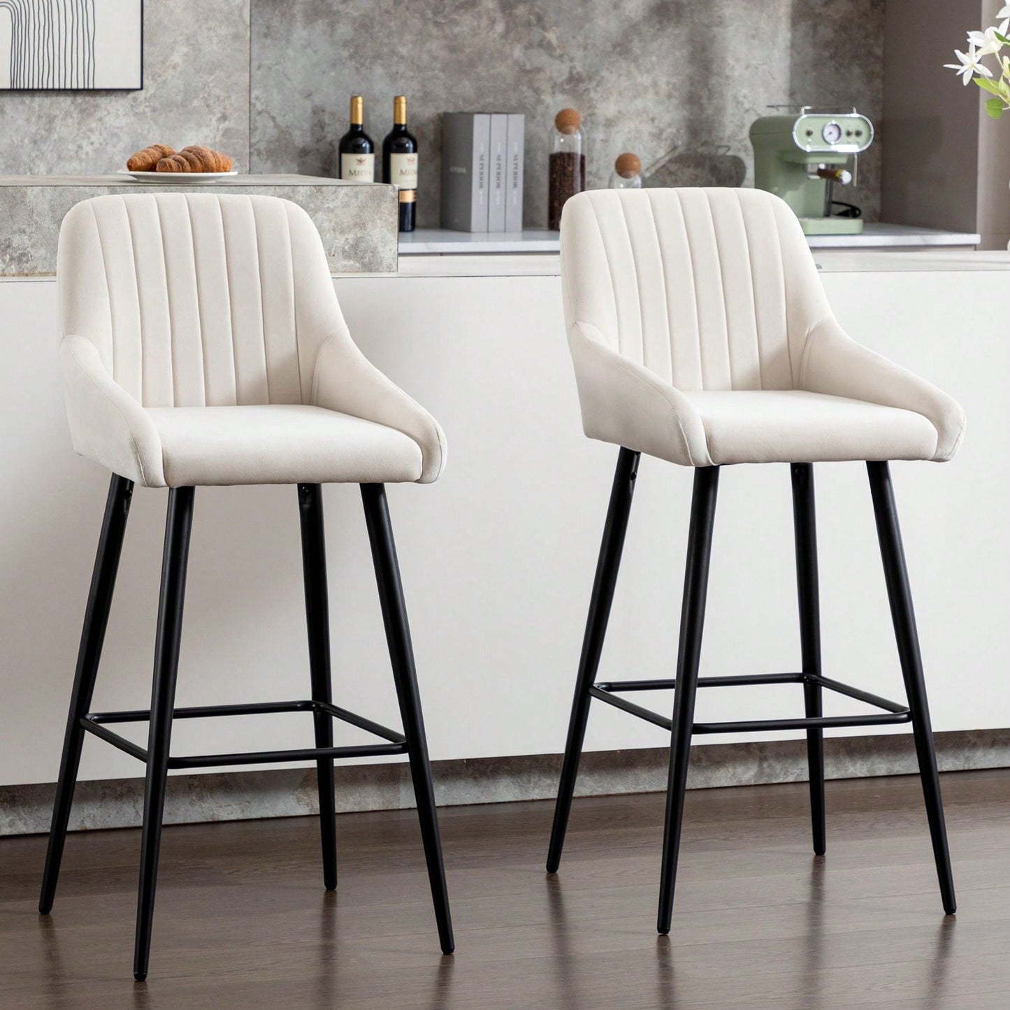 Set Of 2, Luxurious Upholstered Bar Stool High Back Design, Velvet Material, Sturdy Metal Legs, And Versatile Use