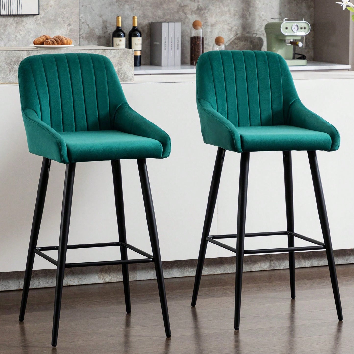 Set Of 2, Luxurious Upholstered Bar Stool High Back Design, Velvet Material, Sturdy Metal Legs, And Versatile Use