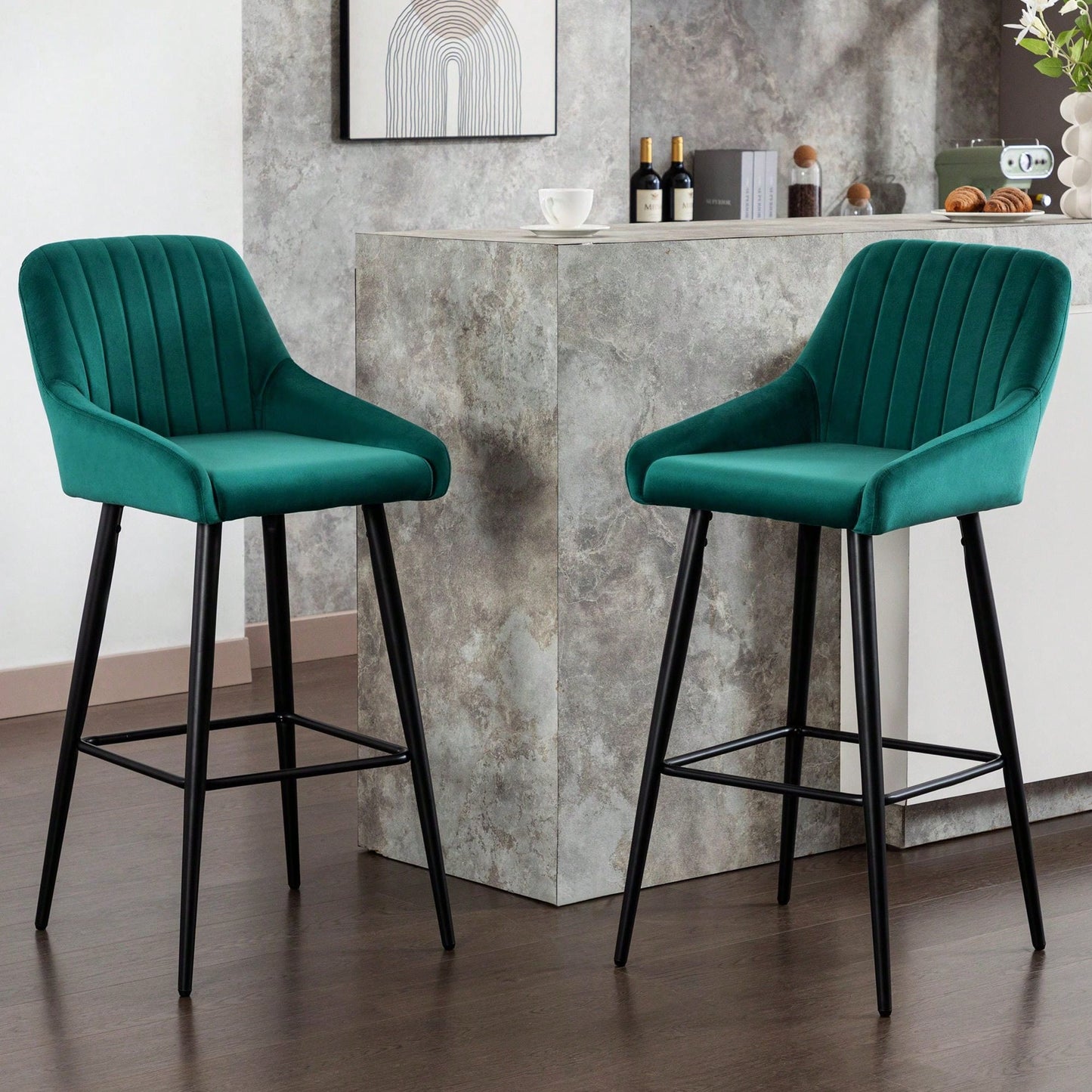 Set Of 2, Luxurious Upholstered Bar Stool High Back Design, Velvet Material, Sturdy Metal Legs, And Versatile Use