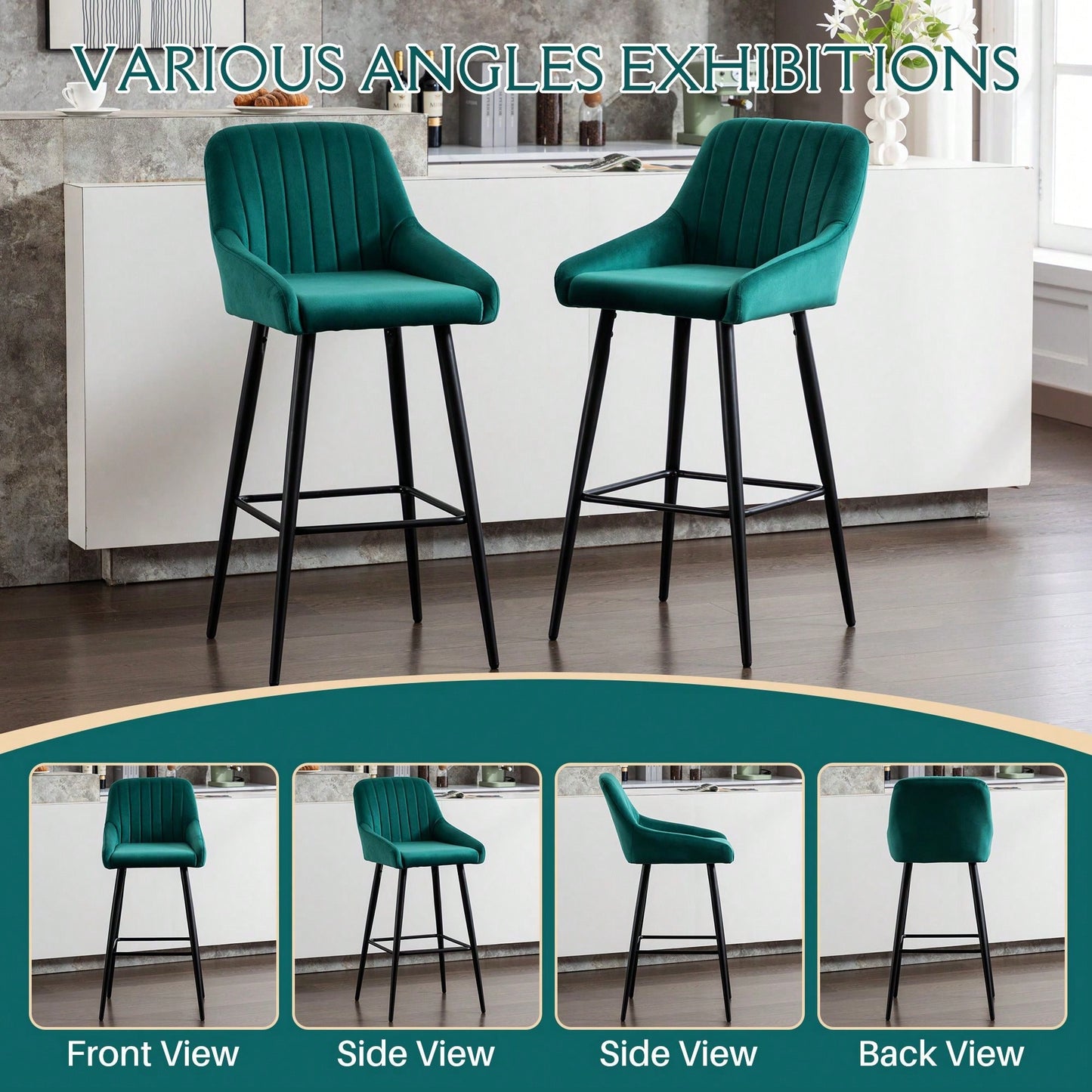 Set Of 2, Luxurious Upholstered Bar Stool High Back Design, Velvet Material, Sturdy Metal Legs, And Versatile Use