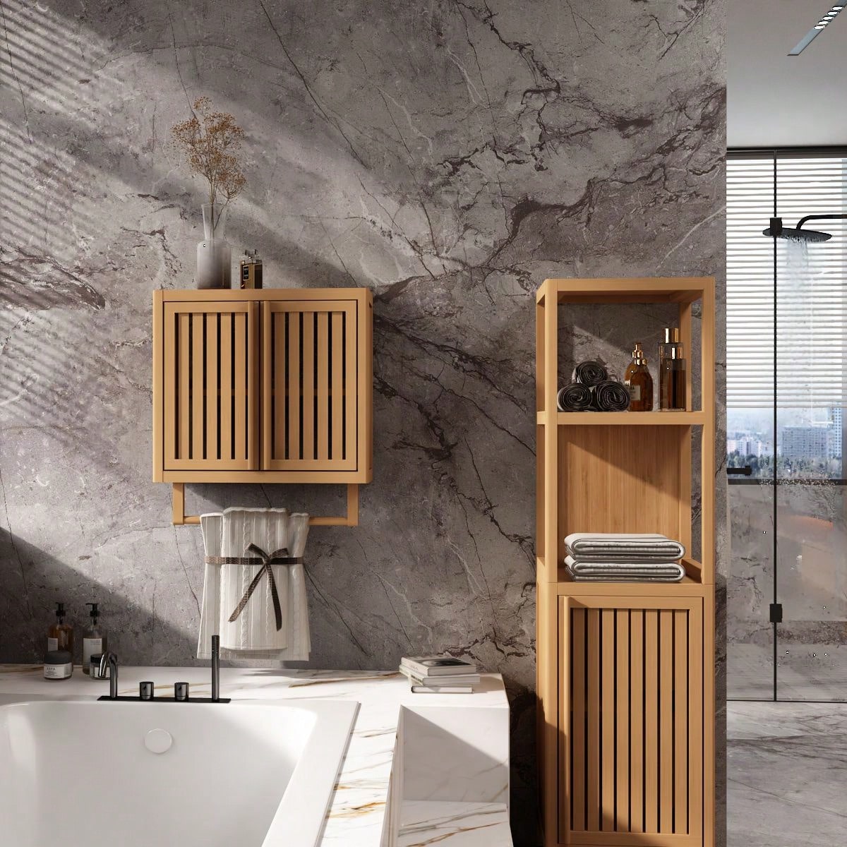 Bamboo Wall Mounted Bathroom Cabinet Over Toilet with Towel Bar for Stylish Storage in Bathroom Bedroom Living Room