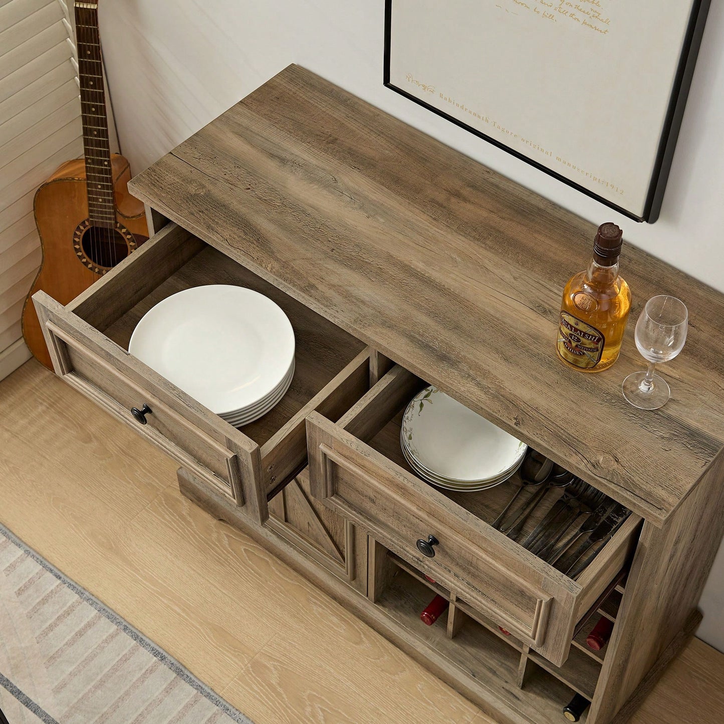 Stylish Storage Sideboard with 2 Drawers and Removable Wine Racks for Kitchen and Dining Room