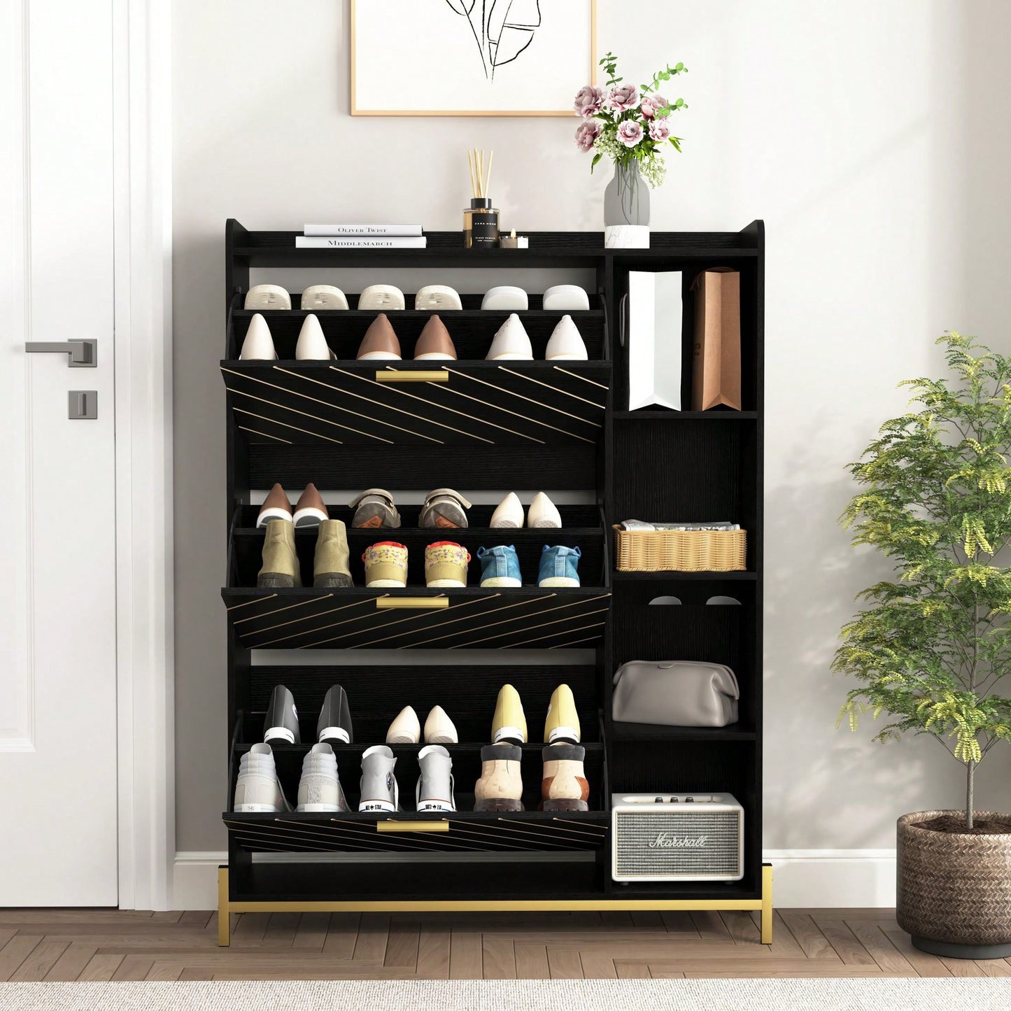 Modern Slim Shoe Cabinet with 3 Flip Drawers and Open Shelves for Heels Boots and Slippers