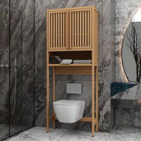 Extra Large Capacity Toilet Storage Rack, Making Full Use Of Bathroom Space, Bamboo Toilet Storage Rack, Open Shelf And Two Louvered Doors.