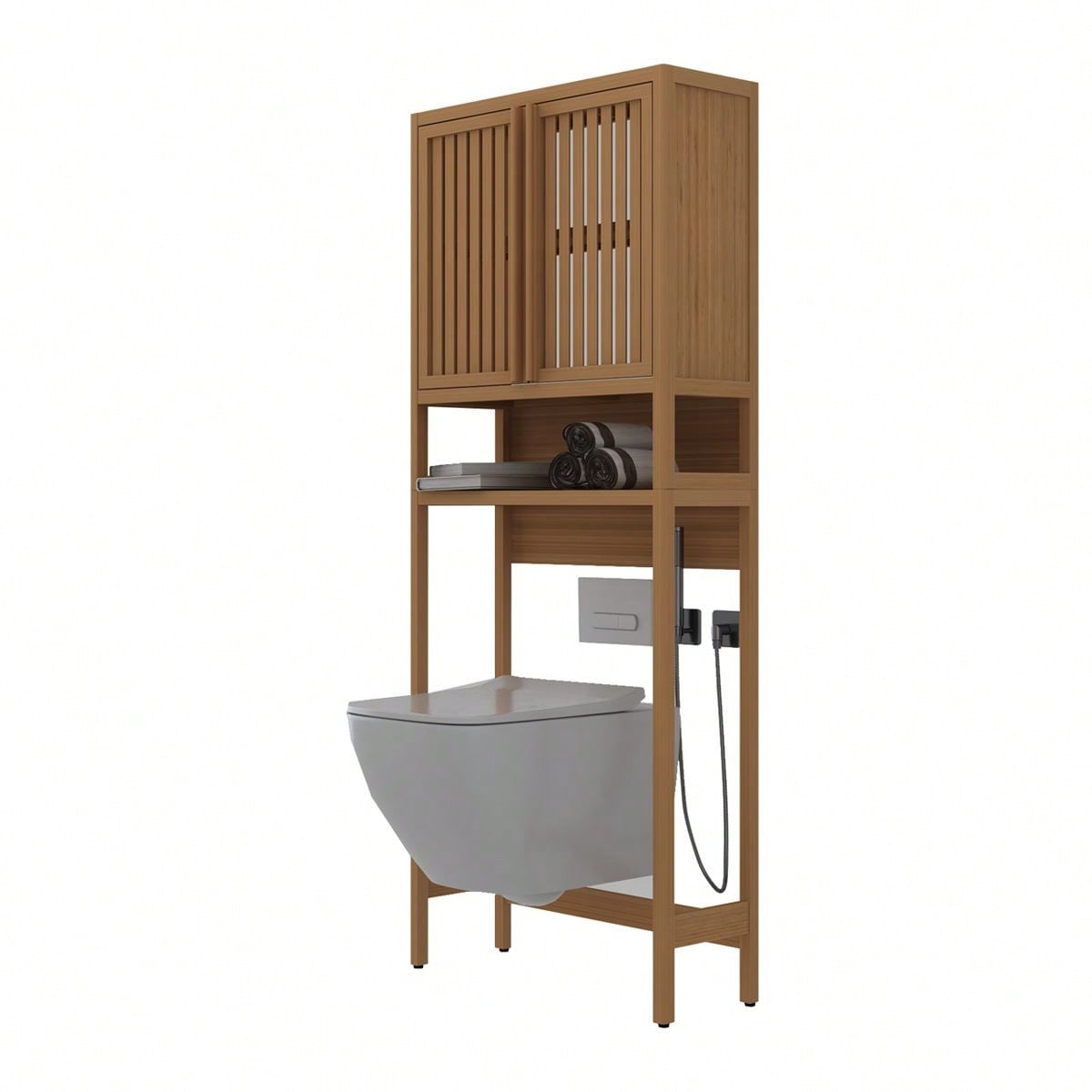 Extra Large Capacity Toilet Storage Rack, Making Full Use Of Bathroom Space, Bamboo Toilet Storage Rack, Open Shelf And Two Louvered Doors.