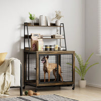 Furniture-Type Dog Cage With Iron Frame Door And Cabinet, Rustic Brown