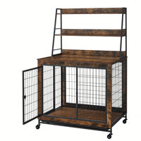 Furniture-Type Dog Cage With Iron Frame Door And Cabinet, Rustic Brown