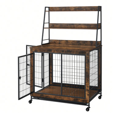 Furniture-Type Dog Cage With Iron Frame Door And Cabinet, Rustic Brown