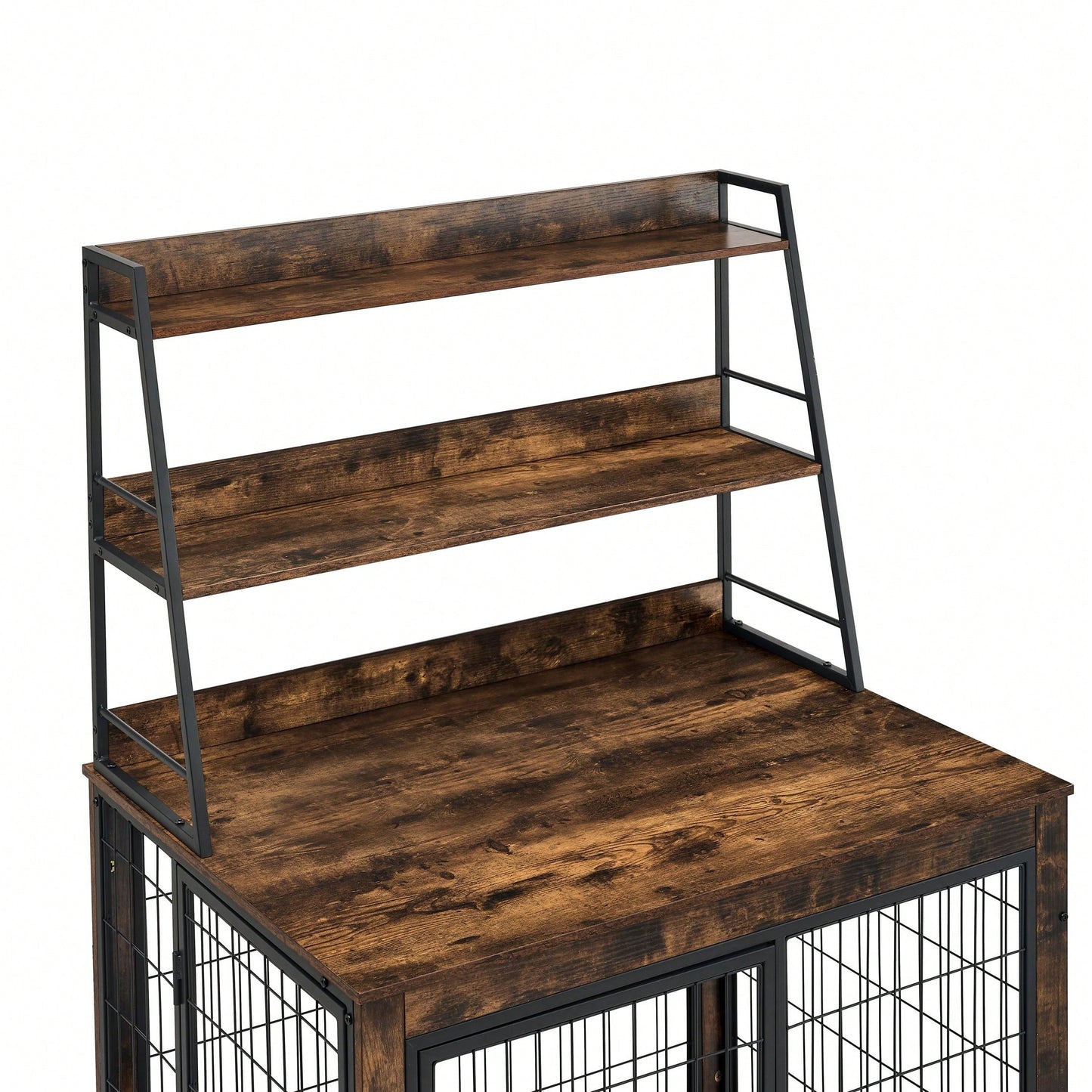 Furniture-Type Dog Cage With Iron Frame Door And Cabinet, Rustic Brown