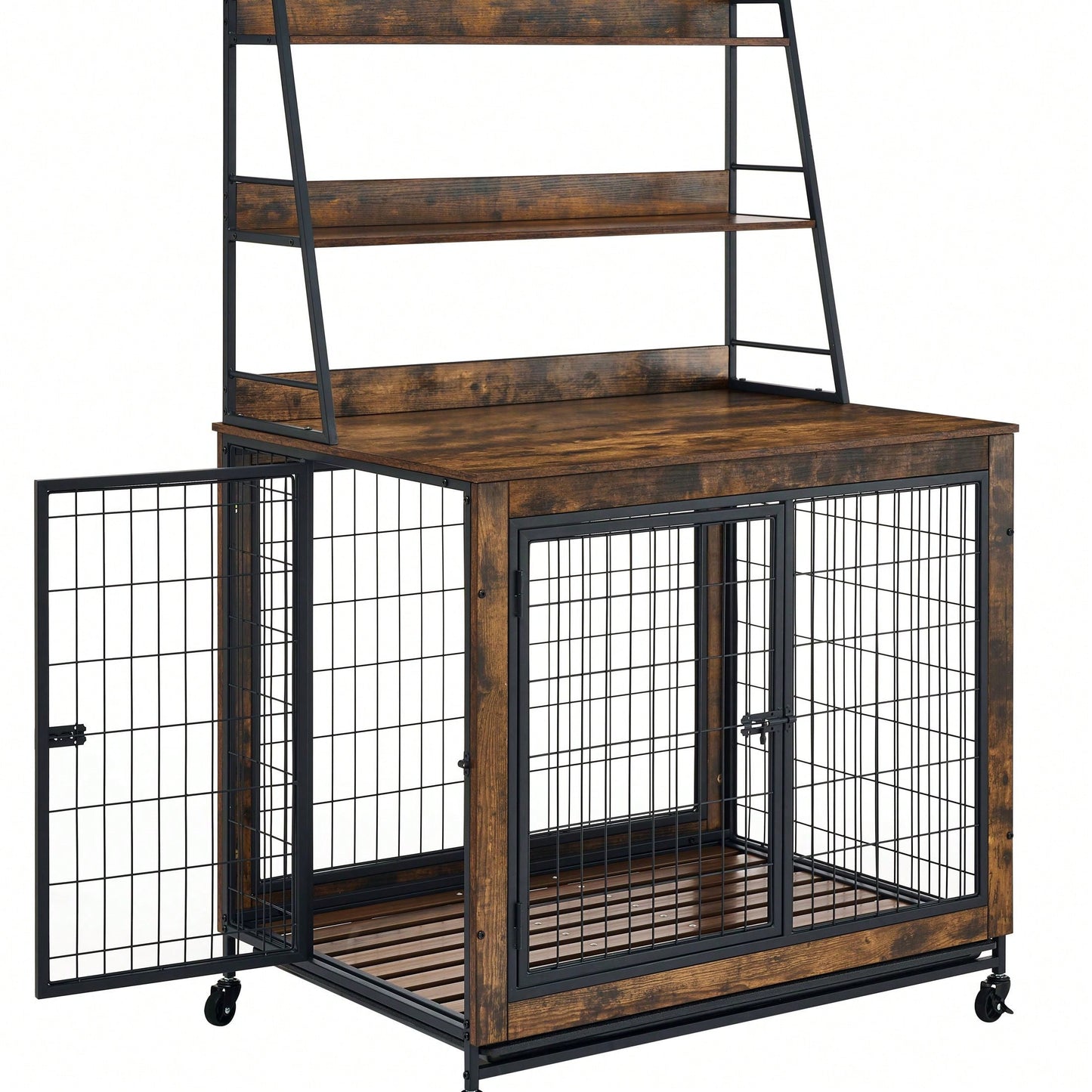 Furniture-Type Dog Cage With Iron Frame Door And Cabinet, Rustic Brown